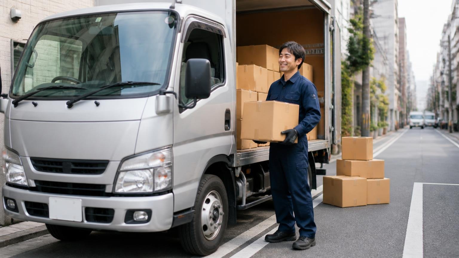 2t積んで試乗した人の実測は10km/L 市街地の配送先でデュトロから荷物を降ろす男性1人が満足そうな表情
