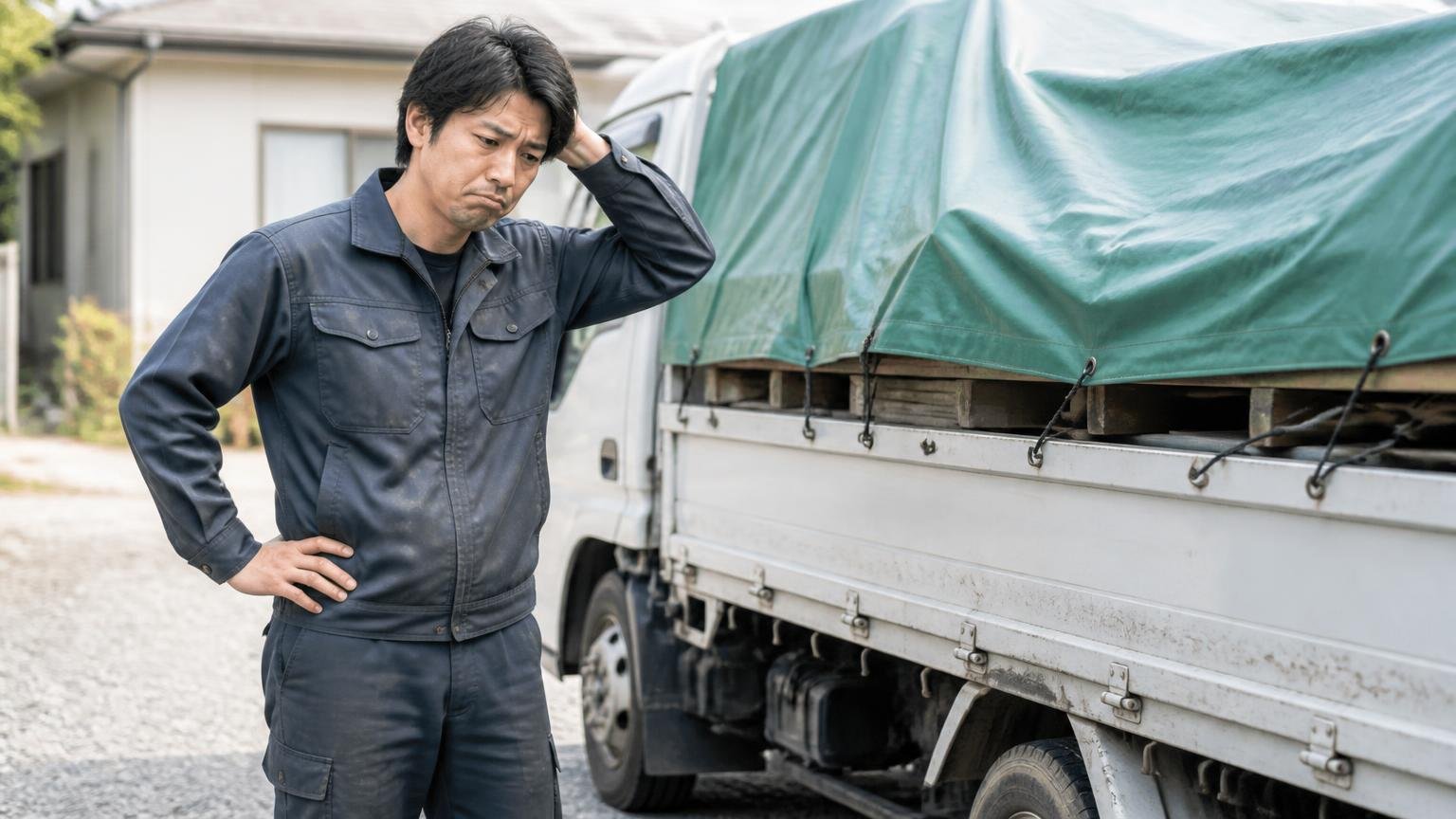 加速のもたつきと燃費の不満。荷を積んだトラックの荷台まわりを確認する屋外で30代男性1人がため息