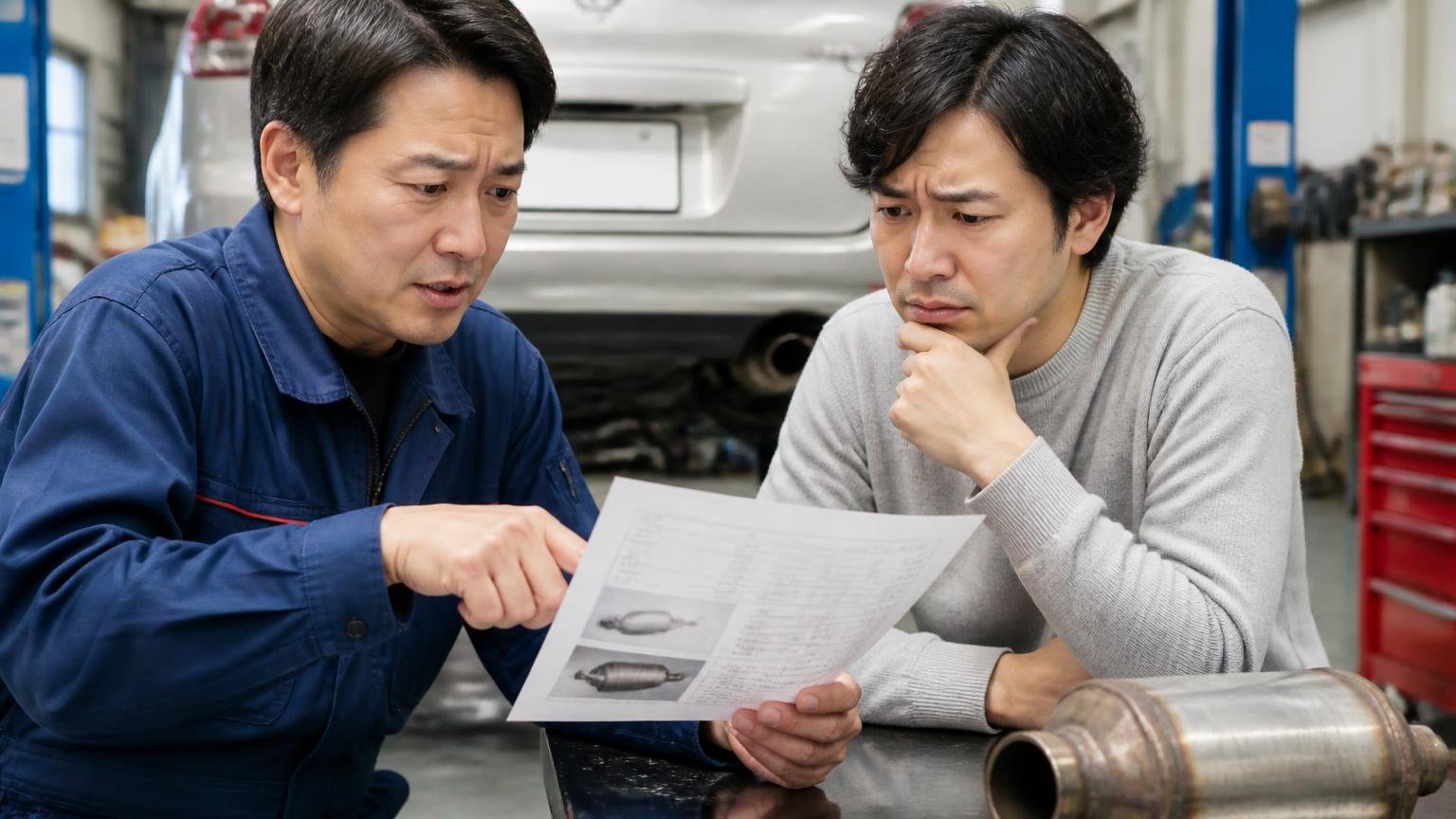 手動再生の頻度と詰まったときの費用 整備工場でDPFの見積書を見ながら説明を受ける男性2人が険しい表情