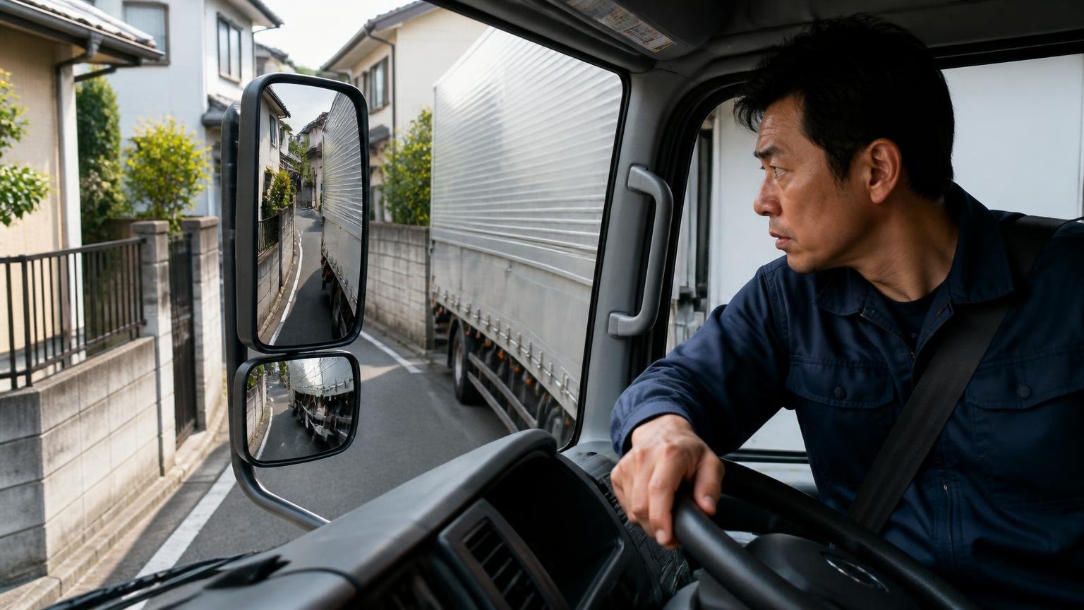 小回りが利かない・旋回性|住宅街の狭い路地で大型トラックを切り返す運転席の1人が真剣な表情でミラーを見る