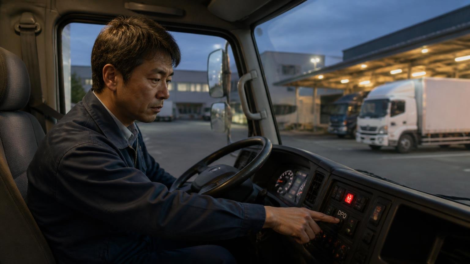 警告灯は合図。夕方の車庫に停めたエルフの運転席で、男性がDPDスイッチに手を伸ばして待つ