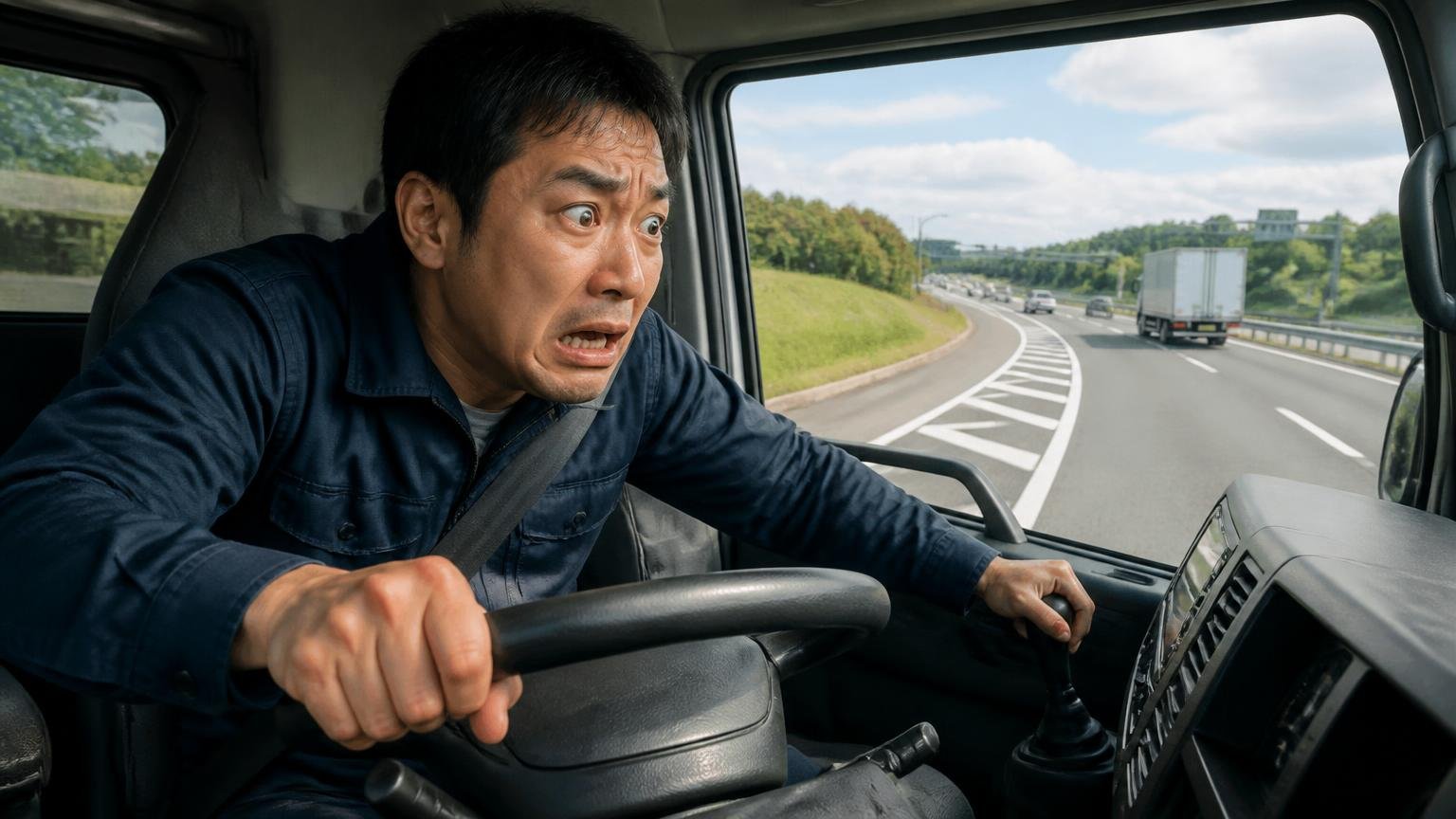 加速したいときにギアが下がらない 高速道路の合流を走るトラックの車内 男性1人が身を乗り出して焦る表情