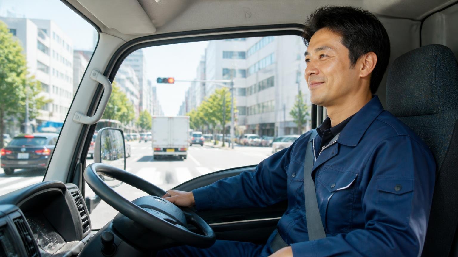 デュオニックで運転が楽になる 市街地の交差点で信号待ちの2tトラック車内 男性ドライバー1人 リラックスした表情