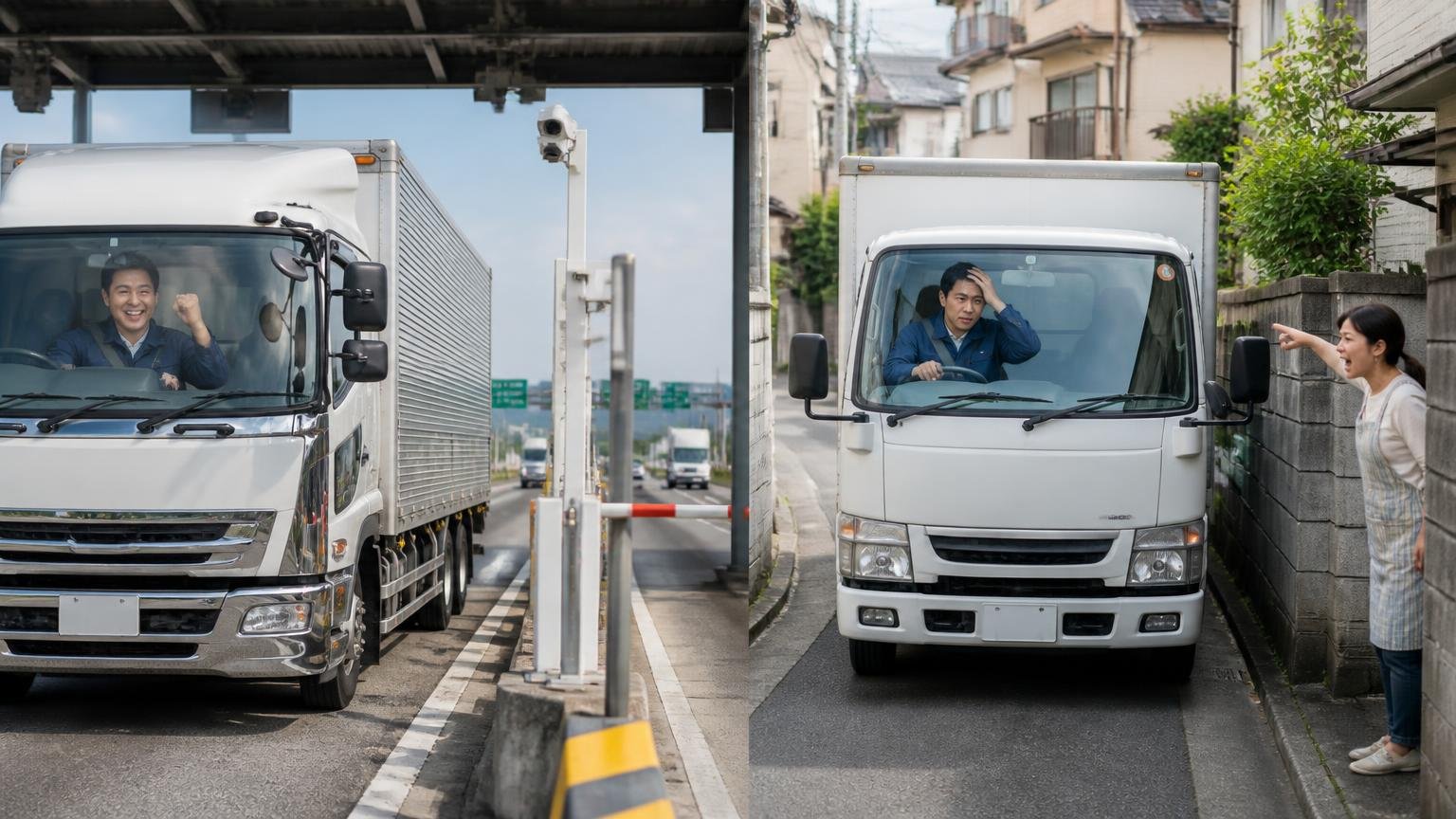 長距離か街乗りかで同じ1台の評価が反転する、高速道路の料金所を抜ける大型トラックと狭い住宅街を進むトラック、ドライバー2人が対照的な表情