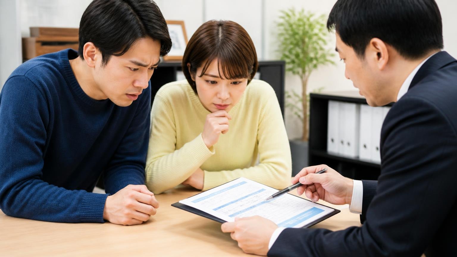 料金と減額条件が書いてあるかを見る。事務所で査定書の項目を指差しながら説明を受ける男女2人が、身を乗り出して確認する