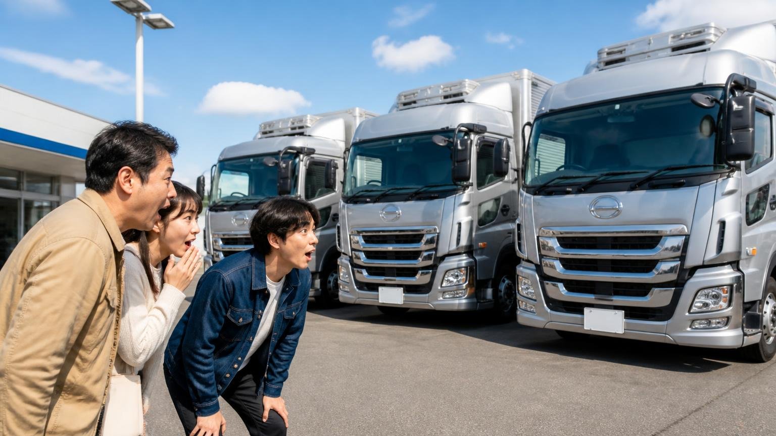 どのメーカーも同じ装置を積んでいる|トラック販売店の屋外展示場で3人が並んだ大型トラックを見比べ驚く