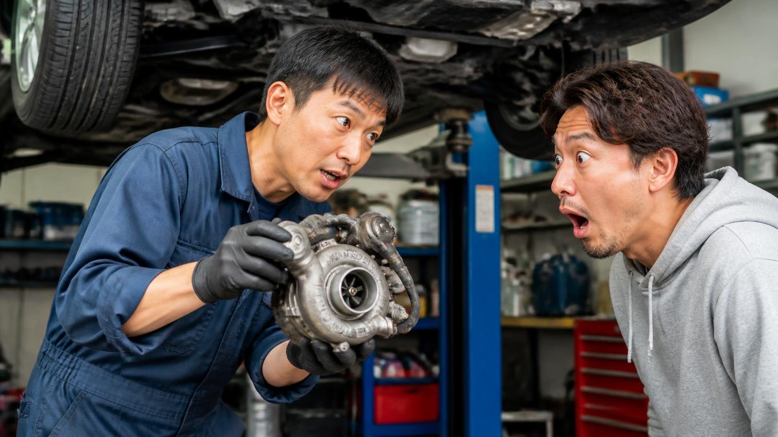 ターボと燃料系の不調｜整備工場のリフト下で外したターボを手に持ち身を乗り出して説明する整備士と、驚いて口を開ける所有者の2人