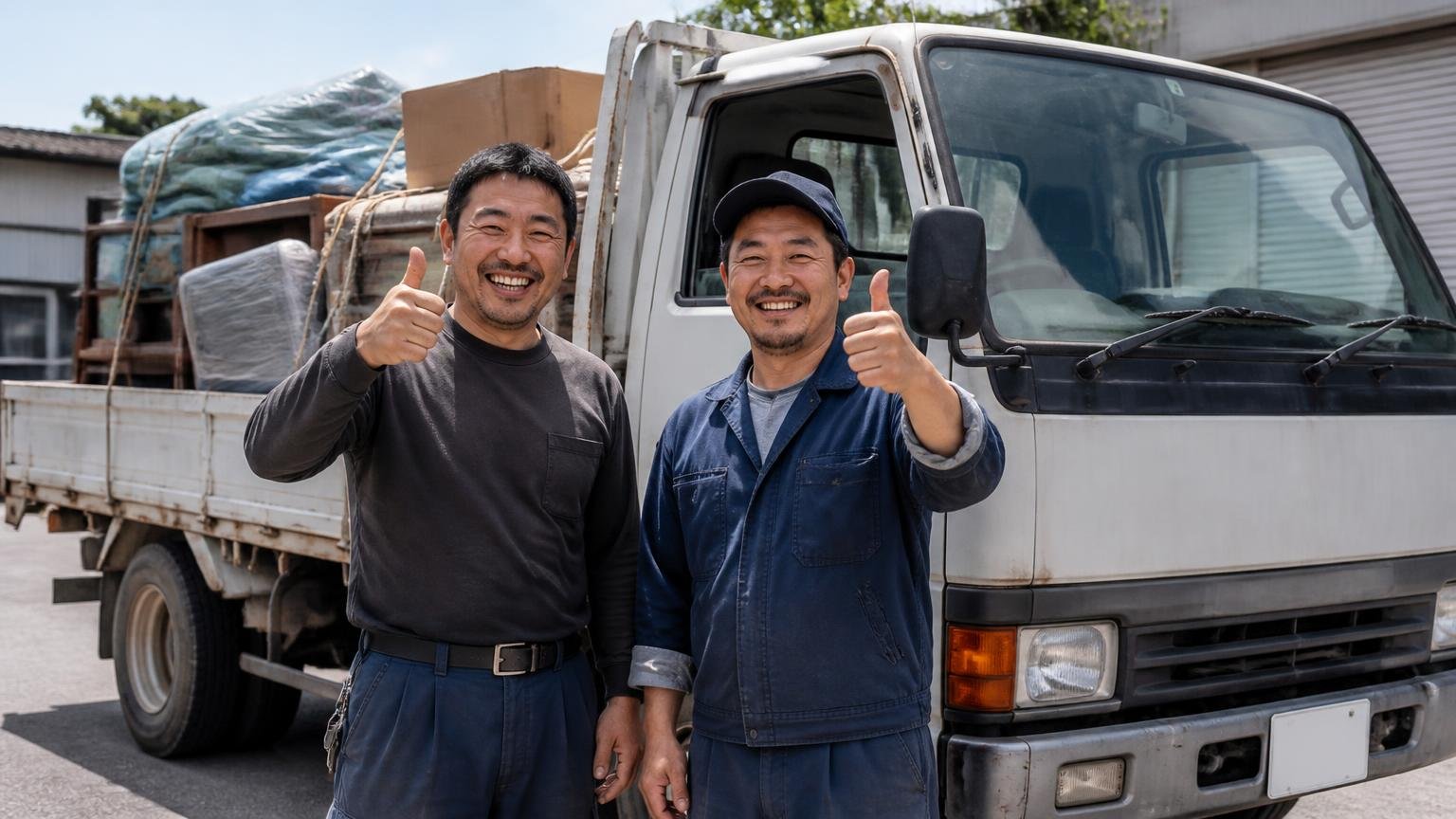 「30年落ちでも現役」肯定的な口コミ 荷物を積み終えた古いキャンターの荷台前 男性2人が満足そうに親指を立てる