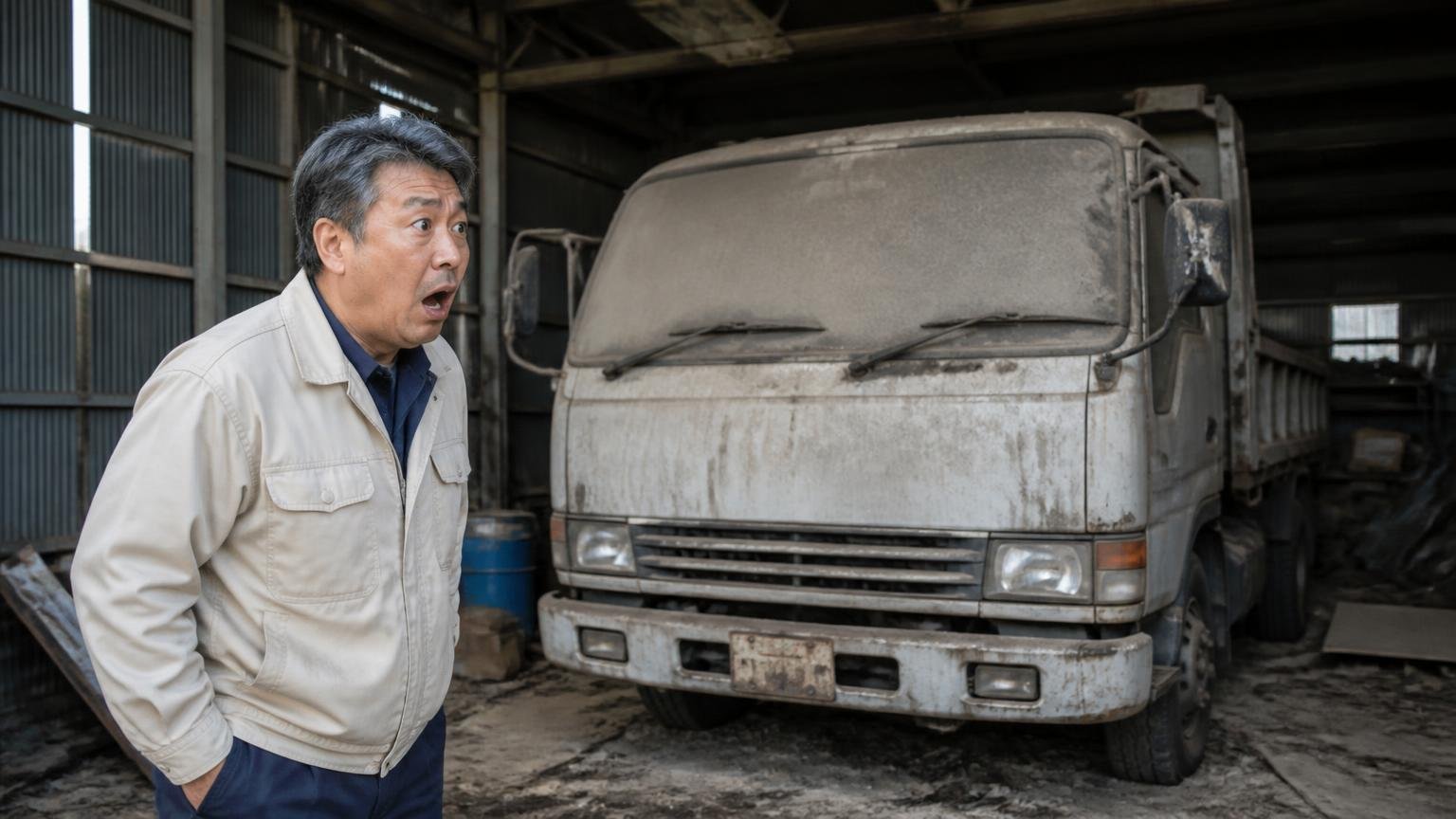 動かないトラックに35万円。車庫の奥で埃をかぶった不動のトラックの前に立つ50代男性1人が、口を開けて驚く