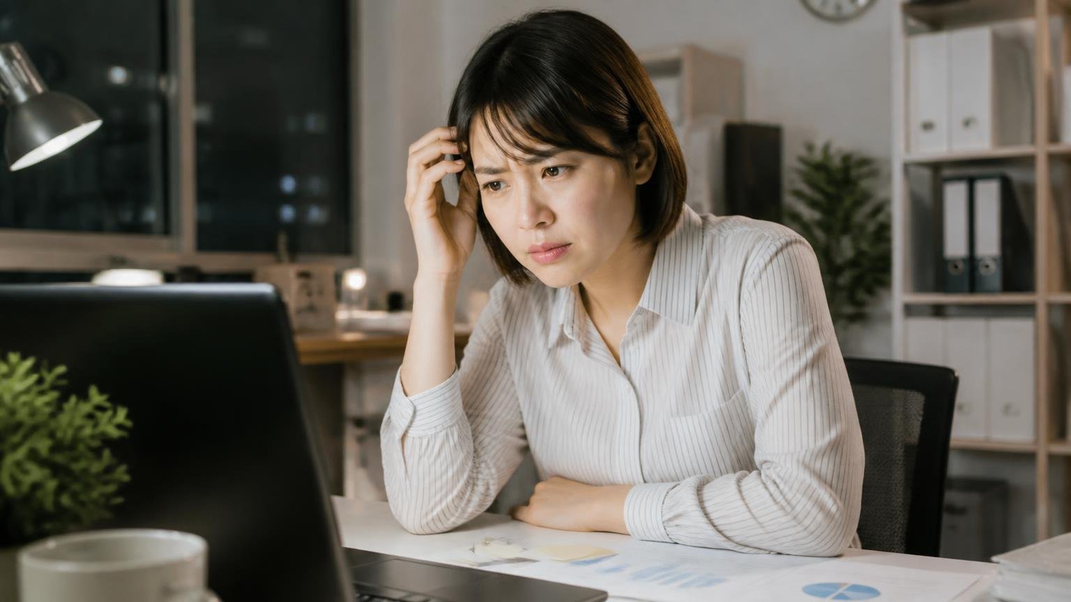 なぜ口コミが少ないのか。夜の事務所でパソコンの検索結果を見て首をかしげる女性1人