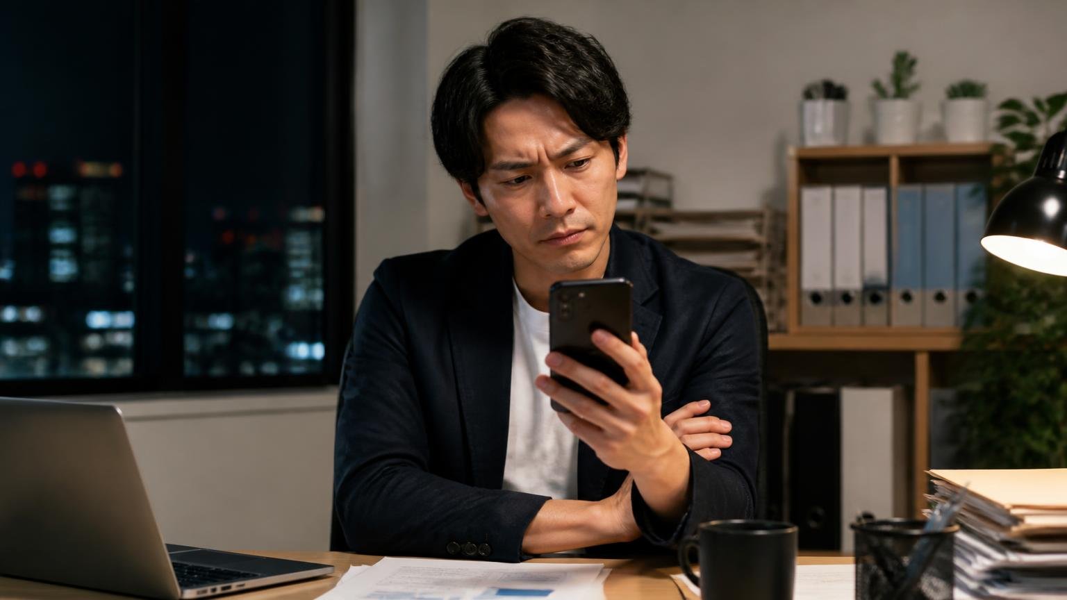 夜の事務所でスマホの口コミ画面を見つめる男性1人。腕を組み眉をひそめて考え込んでいる