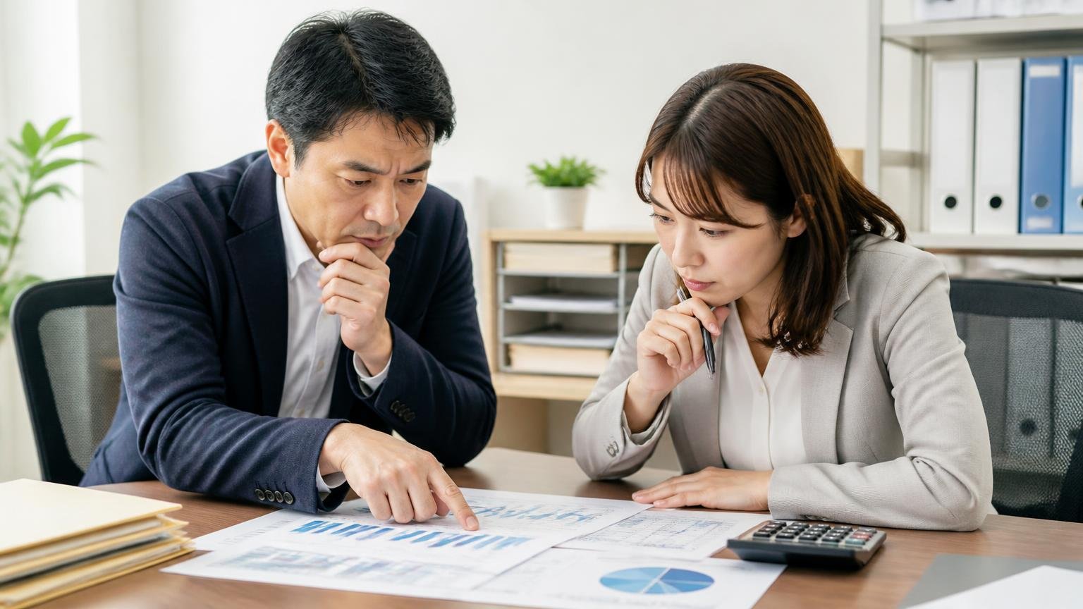 2025年12月期は売上高79.7億円で過去最高。数字は誰でも読める 事務所の机で決算資料と電卓を並べて確認する男女2人 真剣な表情