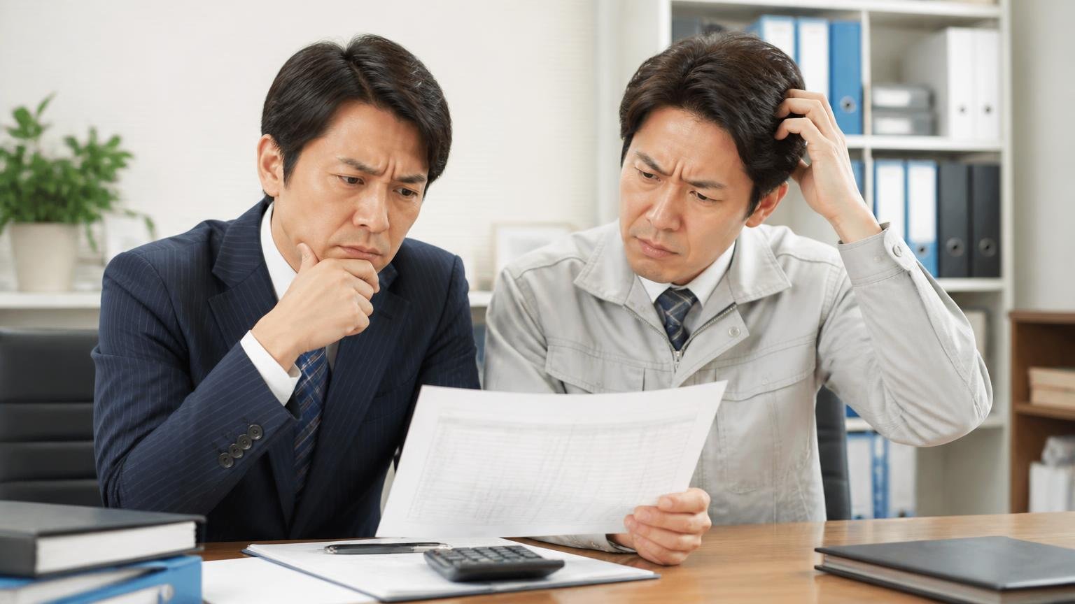 良い評判の中身は対応であり金額ではない 事務所で査定書を見ながら首をかしげる男性2人の打ち合わせ