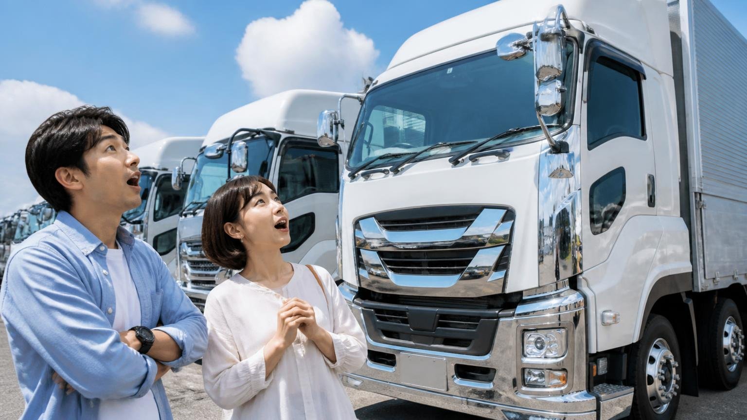 高年式・未使用車という言葉が繰り返し出てくる 展示場に並ぶ新しいウイング車の前 客の男女2人が驚いた表情で見上げる