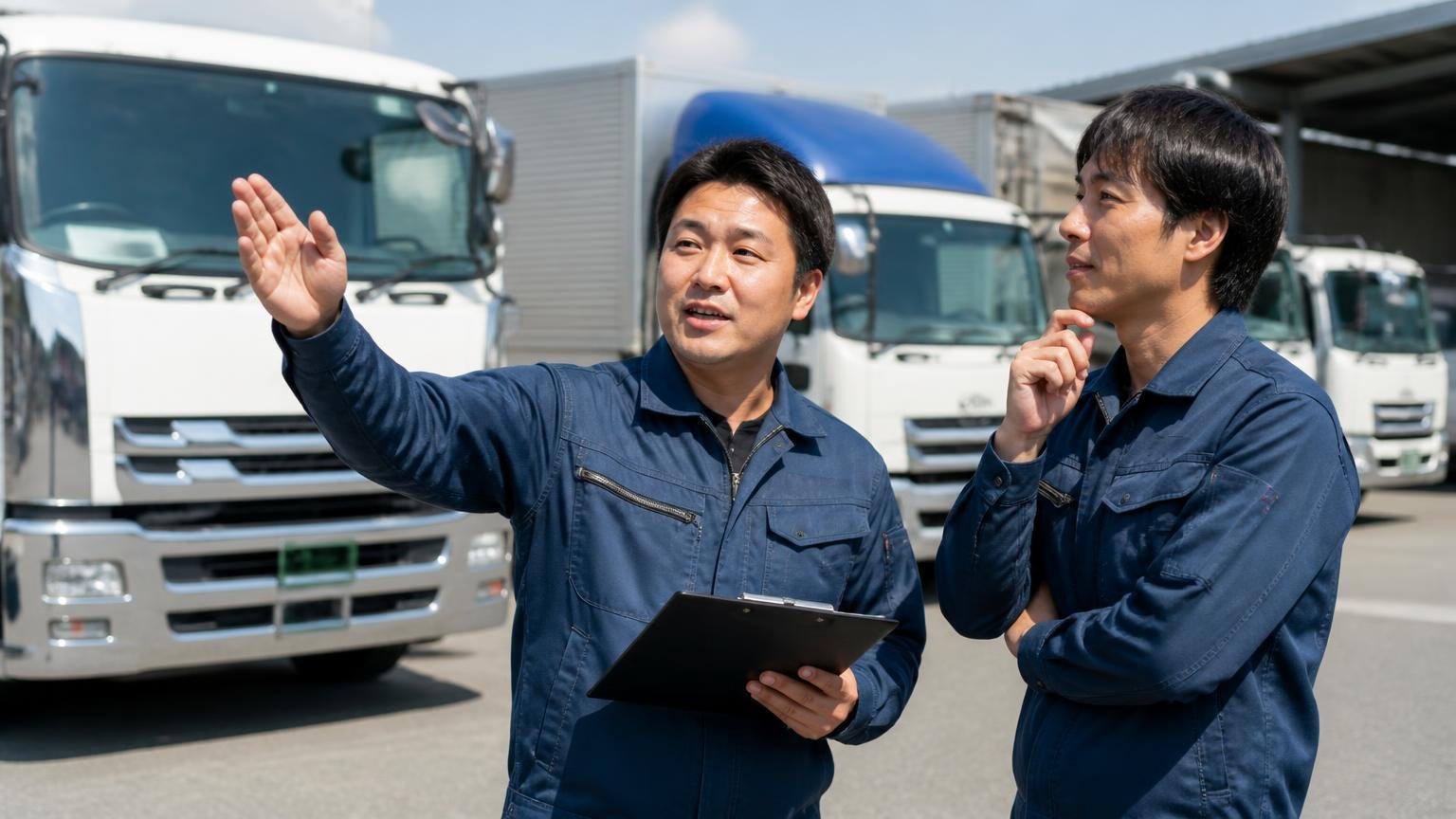 販売もやっているから入れ替えの相談ができる|営業所の車庫で次の車両について相談する作業着の男性2人