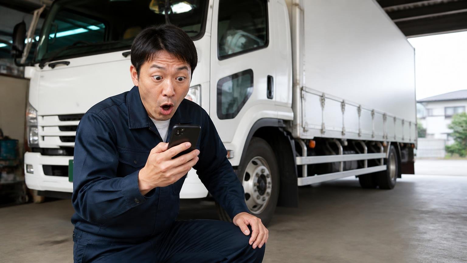評判が割れる理由に気づく瞬間。車庫の4tトラック横でスマホを見る男性1人が思わず膝を打つ表情