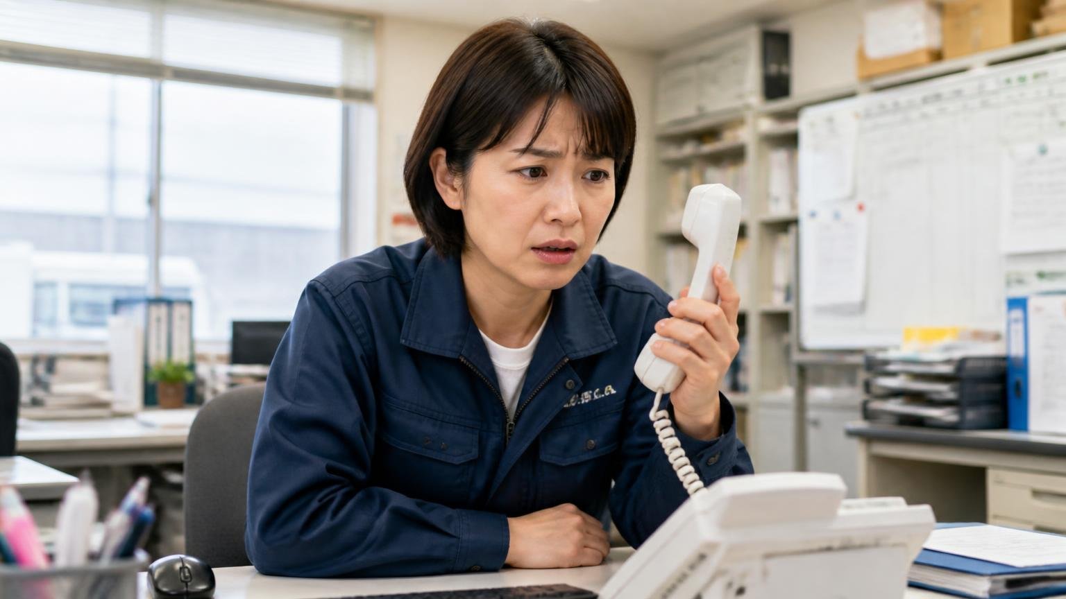 最も多い不満は営業電話という口コミを読む 運送会社の事務所で鳴る固定電話の前 女性1人が受話器を見て困った表情