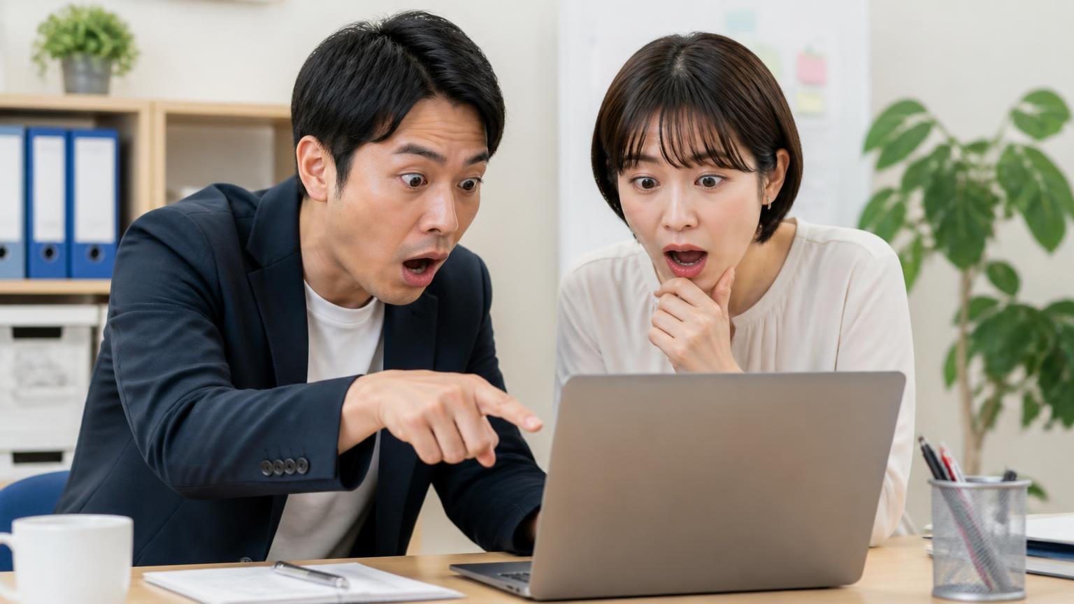 評判の多くは買った人の声という盲点。事務所でパソコンの口コミ一覧を指さす2人が気づく