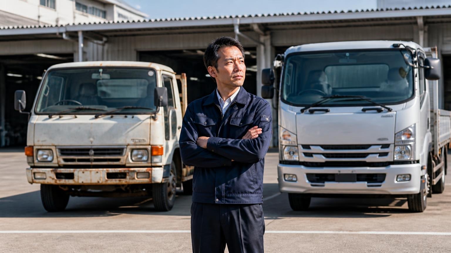 比較の相手が人によって違う。営業所の車庫に並んだ年式の違うトラック2台の前で1人が腕組み