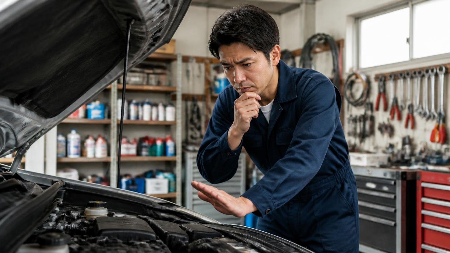 自分で確認していい範囲と触らない範囲|車庫でボンネットを開け手を止めて考え込む男性1人