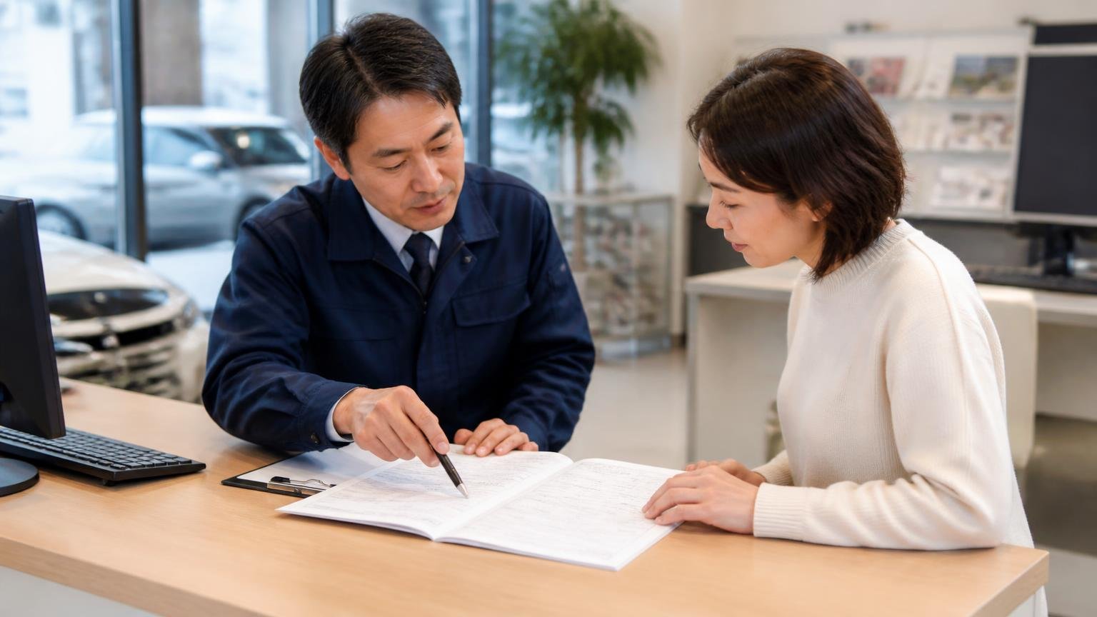 リコールは欠陥の証拠ではなく確認できる材料 販売店のカウンターで車台番号を控えて確認する 男性1人と女性1人 車検証を広げる