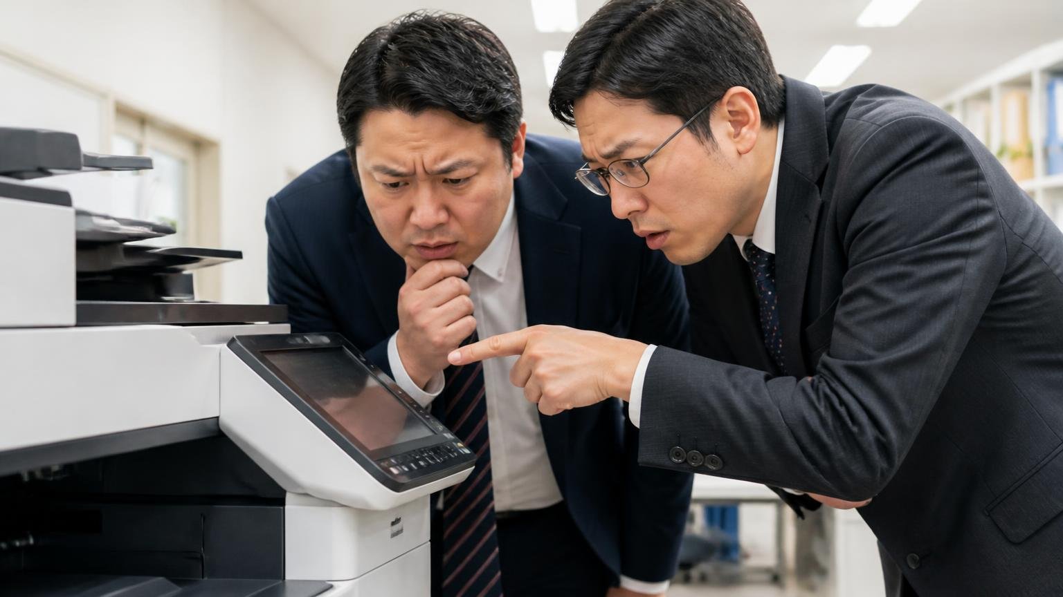 STEP3 機械側の最後の砦。事務所の複合機の操作パネルの前で男性2人が設定画面を覗き込む