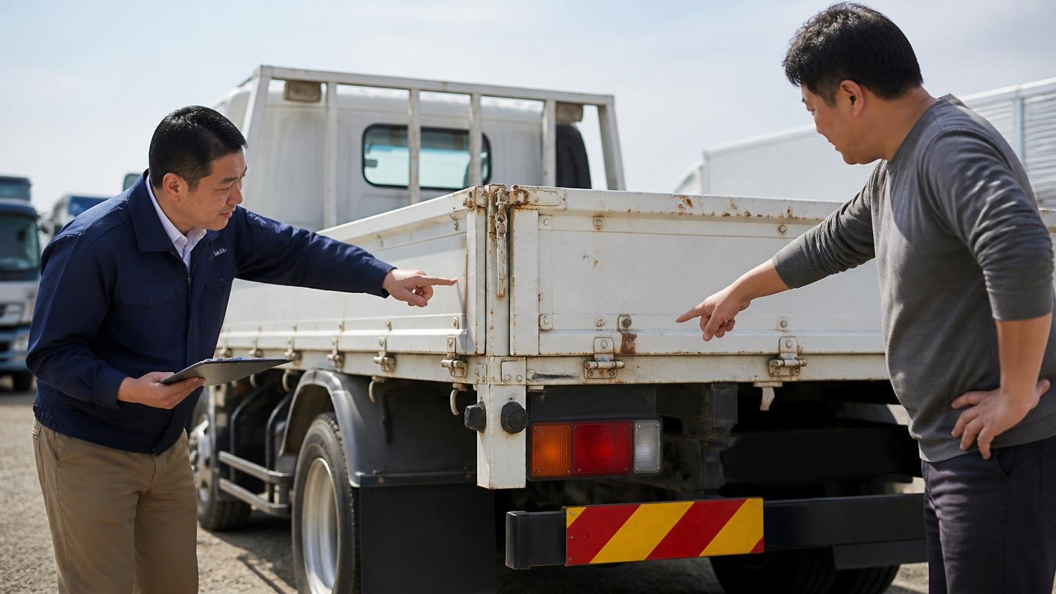 査定額の根拠を説明する場面 トラックの荷台まわりを確認する屋外で査定士と持ち主の男性2人が指をさして話す