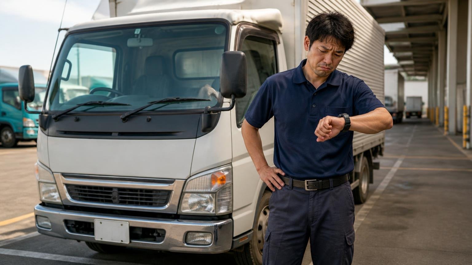走っていない時間も燃料は減る/荷待ちの待機場所でエンジンをかけたまま停まるキャンター/男性1人/腕時計を見てため息