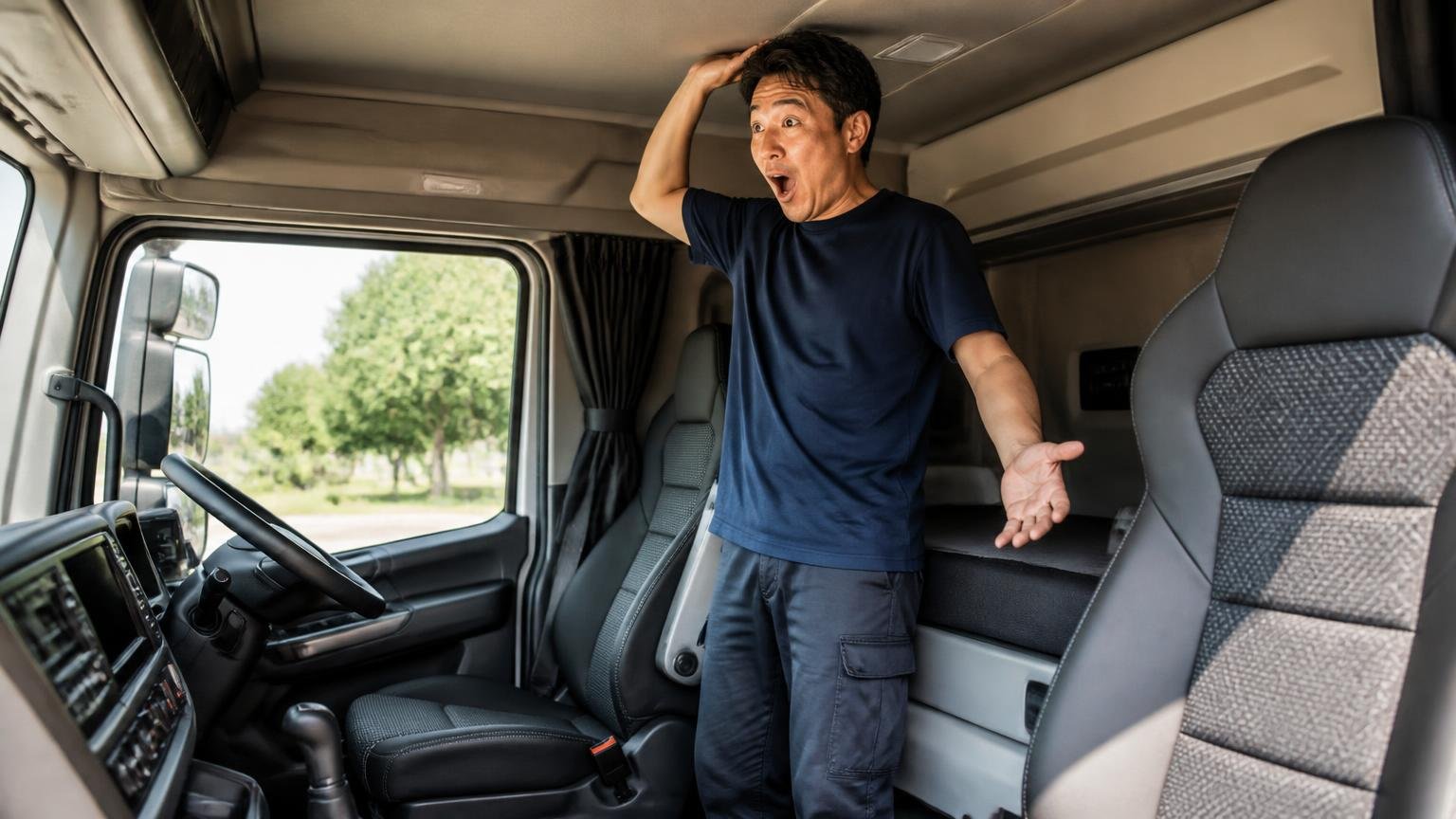 車内で立てる居住性とドイツ製シートの評価。トラックのキャビン内で立ち上がり驚く男性1人