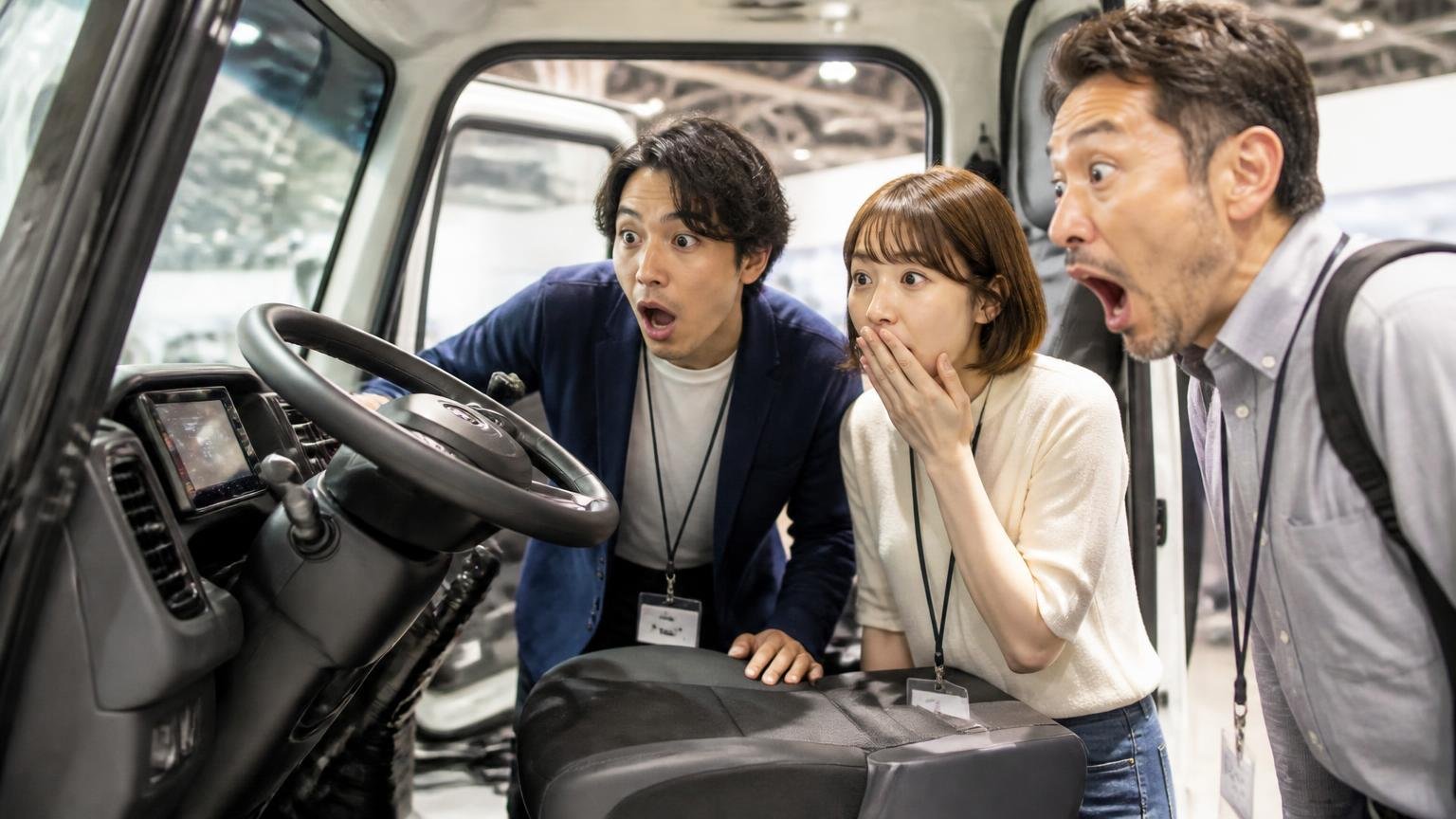 メーカーが公表するデュオニック2.0の機能|展示場のトラック運転席を覗き込む男女3人が驚く