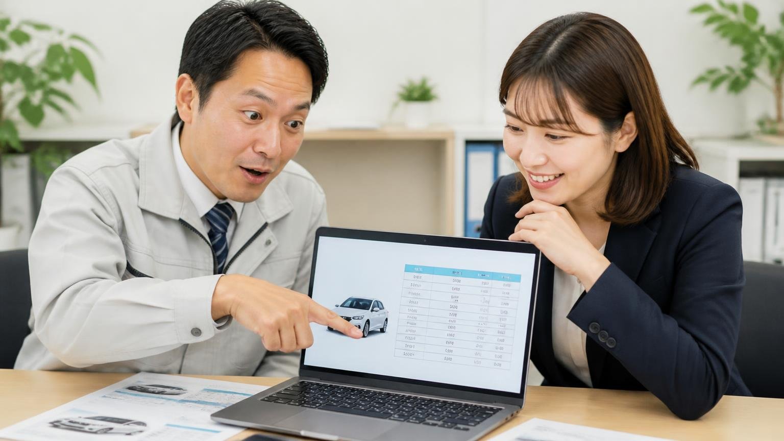 メーカーも燃費を改良してきた 事務所でノートパソコンのカタログ数値を指さして説明する男女2人