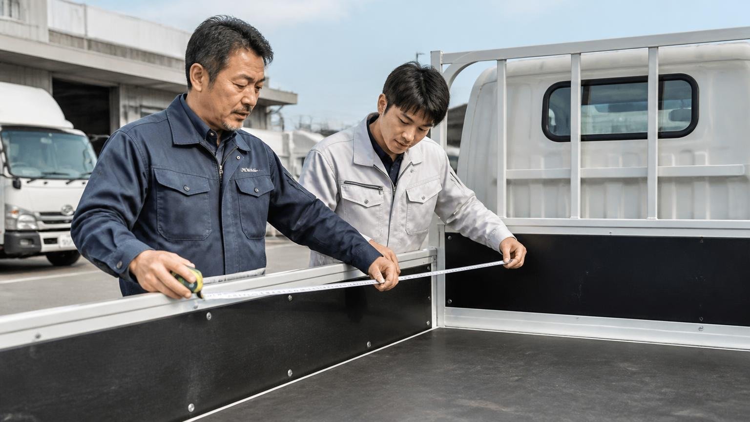 仕事車としての基本性能と、乗り慣れの価値 トラックの荷台まわりを確認する屋外で、内寸を測りながらうなずく男性2人