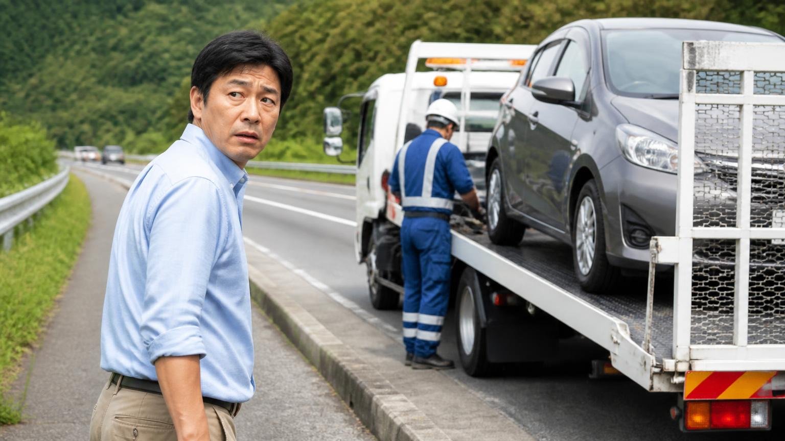AT車は壊れやすいという体感。路肩でレッカーに載せられるトラックの前を通り過ぎる40代男性が振り返る