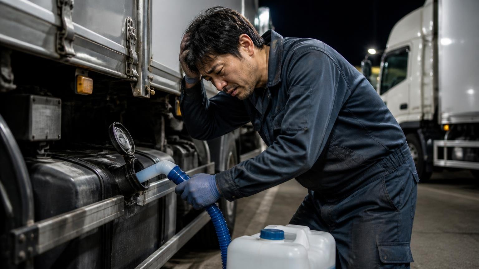 尿素水AdBlueの面倒くささは何が面倒なのか 夜の車庫でトラックに尿素水を補充する男性が疲れた表情でタンクを覗く