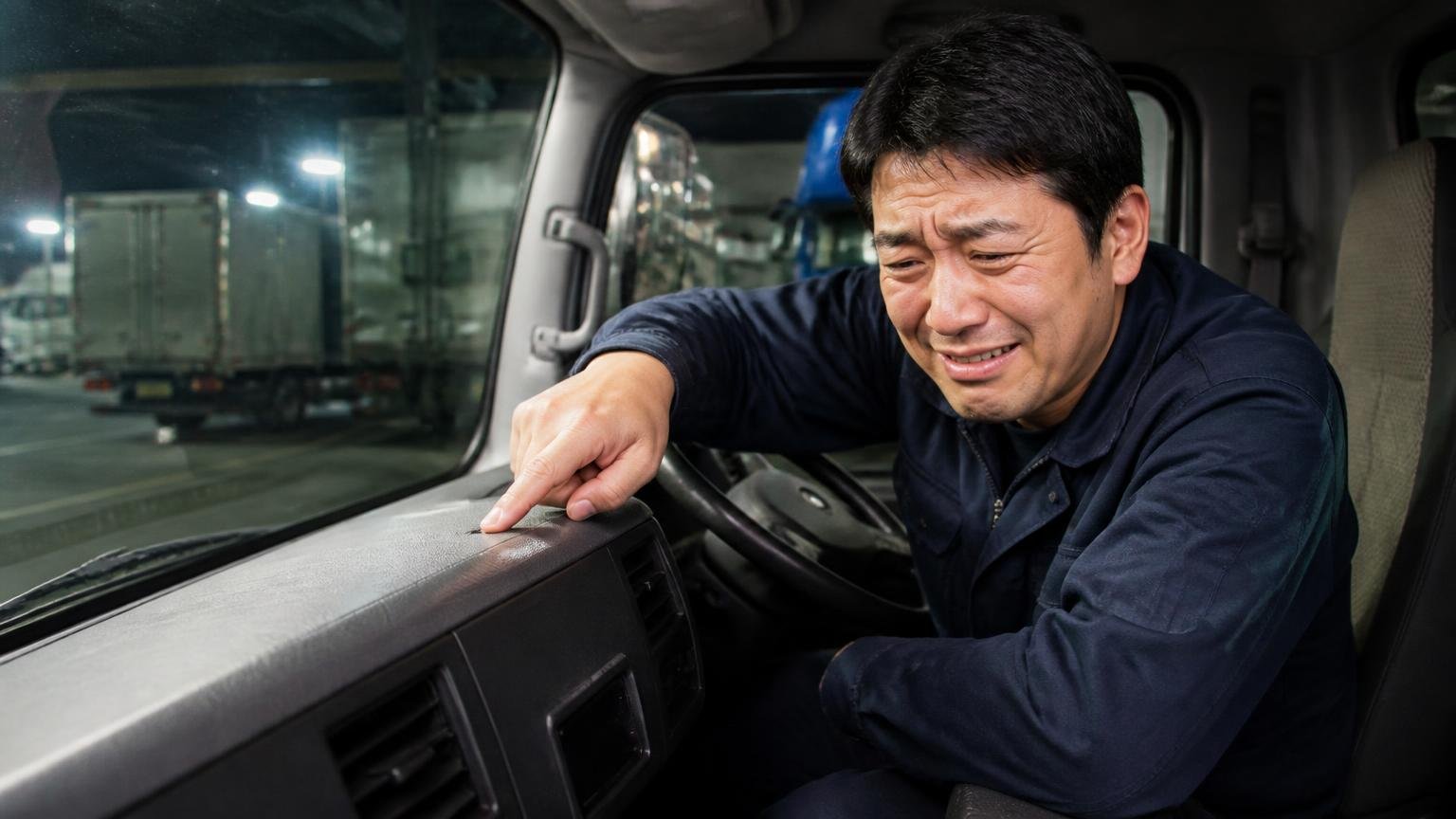 内装がチープに感じる|夜の車庫に停めた大型トラックの運転席で1人がダッシュボードを指でなぞり苦笑いする