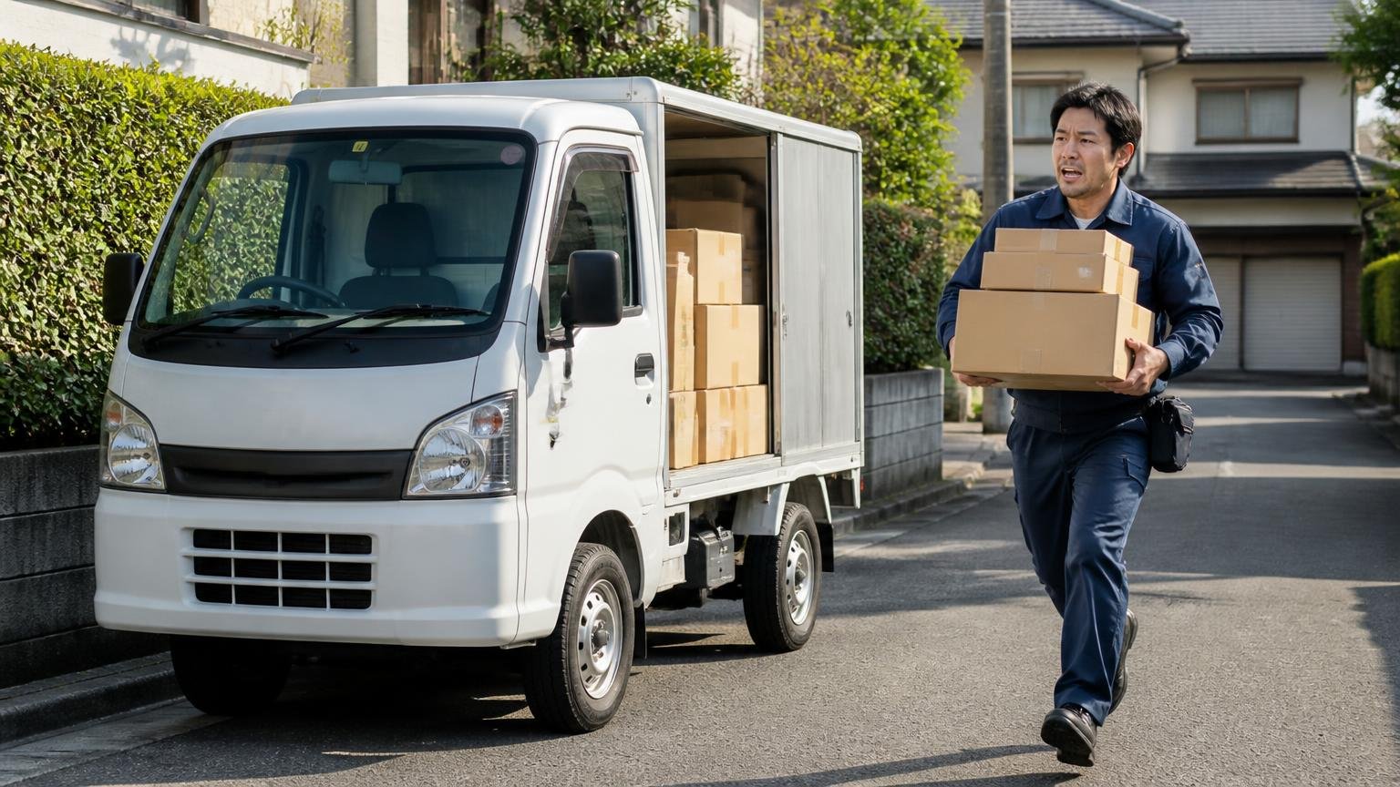 詰まる原因は使い方との相性。住宅街を短距離で配送するエルフの横で、荷物を抱えた配達員が急ぎ足で歩く