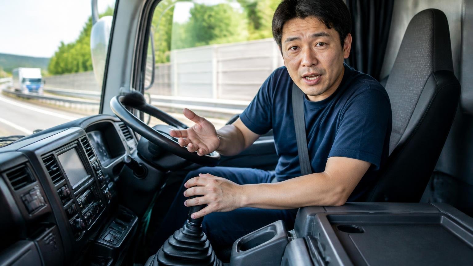 不満を書いた本人が示す対処法 走行中のトラックの運転席まわり 男性1人がシフトレバーに手を掛けて説明する