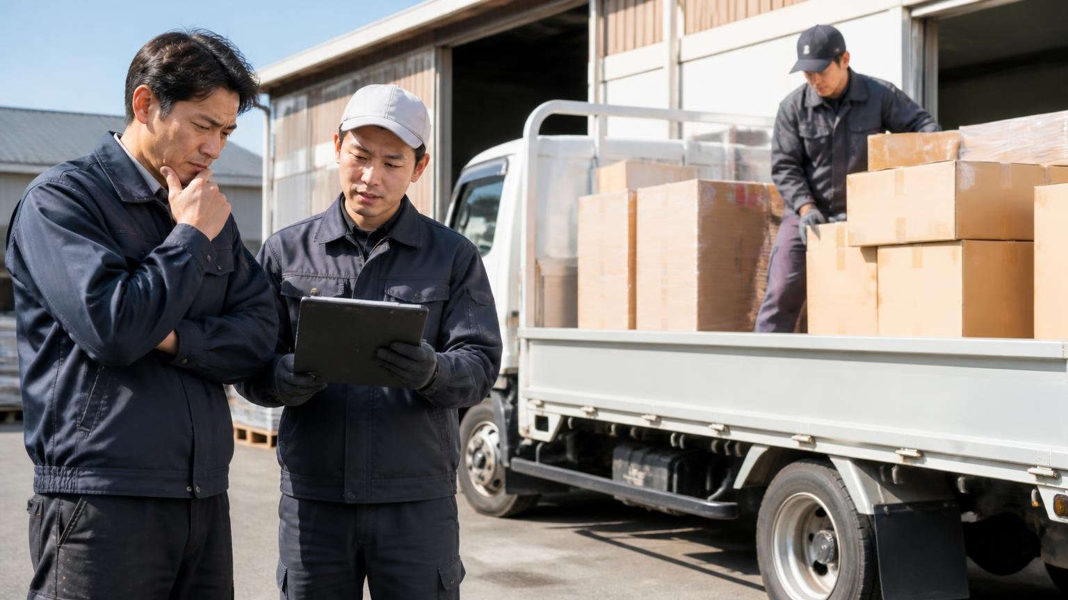 積める量と燃費の評価 倉庫前で荷台に荷物を積み込む平ボディトラックの脇 作業員2人 手を止めて確認する様子