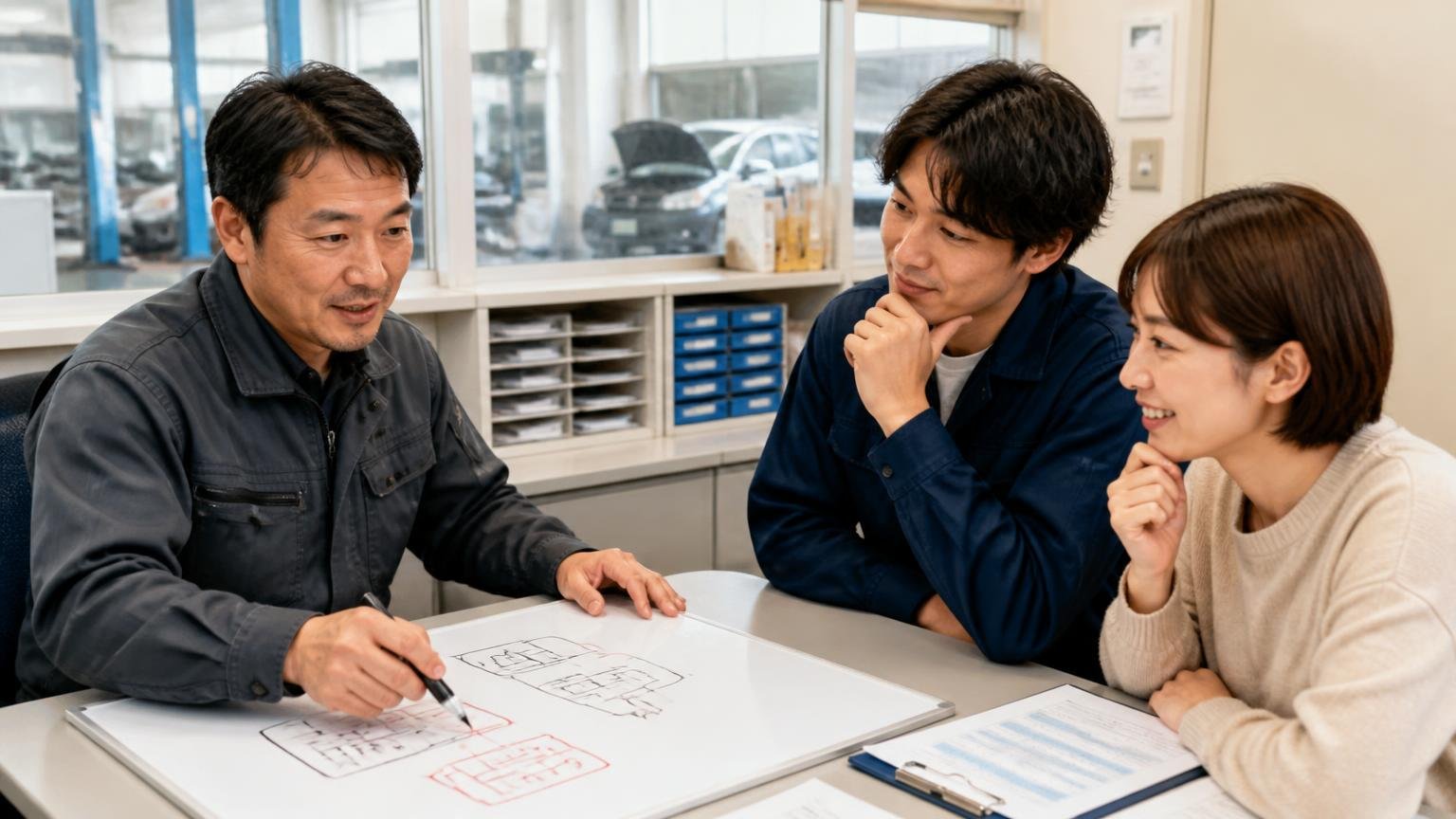両方とも本当。整備工場の事務所で図を描きながら説明する男性1人と、うなずく男女2人の納得の表情