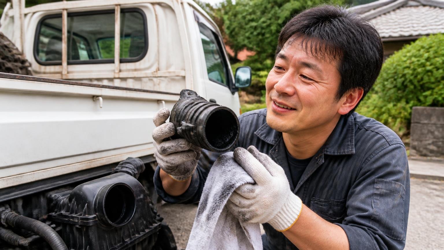 吸気まわりのカーボン詰まりは掃除で改善することもある 屋外で荷台まわりを確認する場面 男性1人 ほっとした表情
