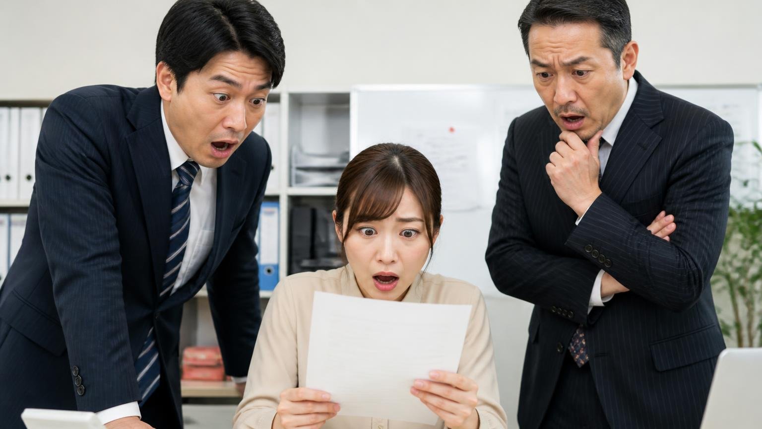 240万円の見積書｜事務所で届いた見積書を手に絶句する30代の事務担当と経営者2人