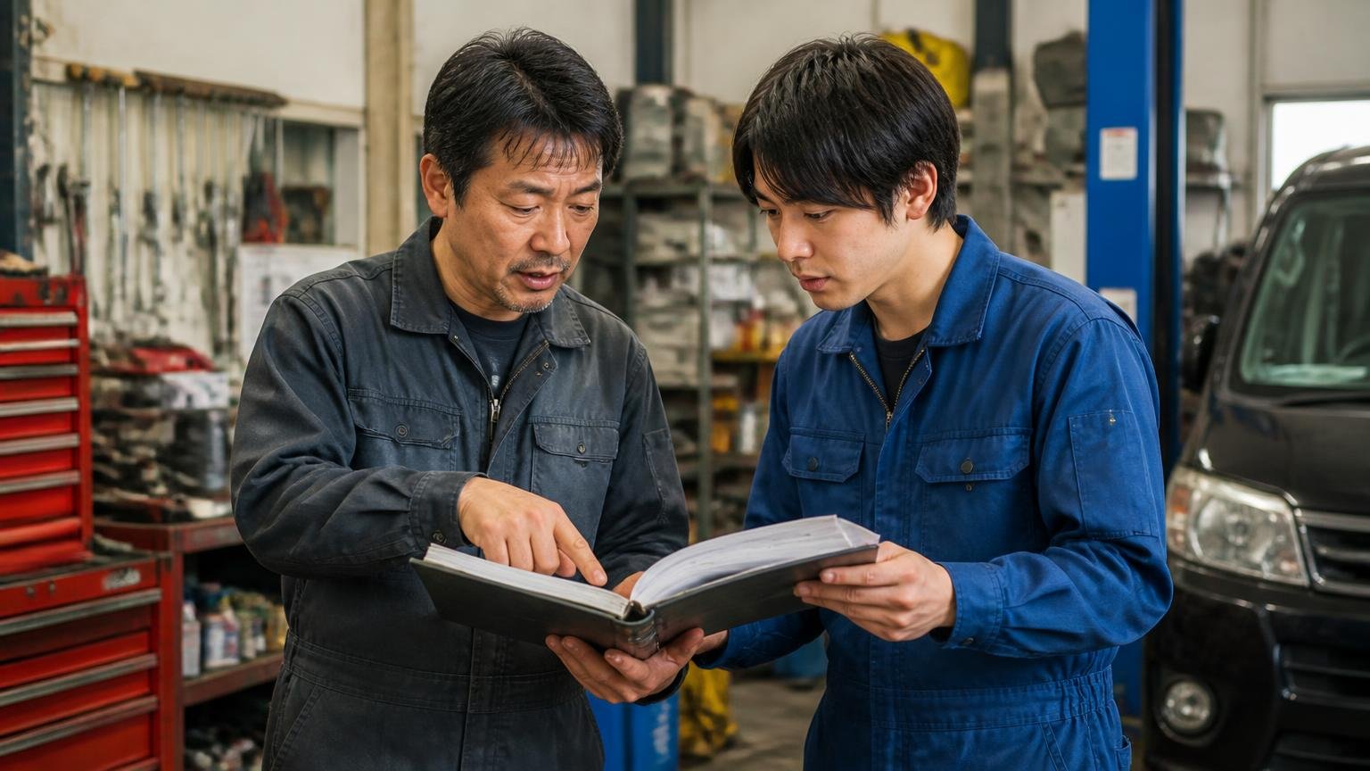 差を生んだのは車ではなく3つの条件 車庫で整備記録簿をめくる 40代男性と20代男性が並んで確認する