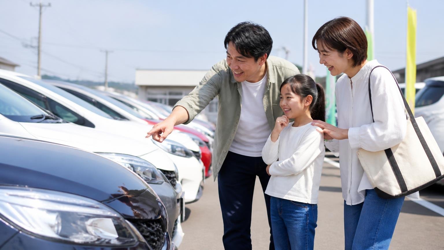 同じ運営会社の姉妹店（普通車店）の評判はどうか。中古車展示場の屋外で、家族連れ3人が並んだ乗用車を見比べて笑う