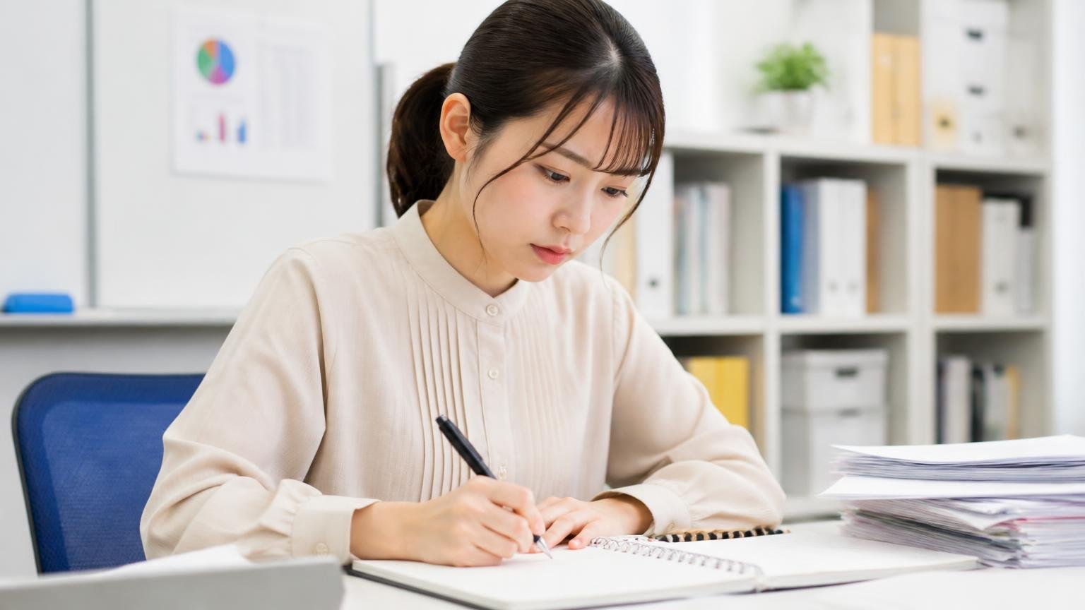 公式サイトに書かれていないこと。事務所でノートに確認事項を書き出す女性1人、真剣な表情