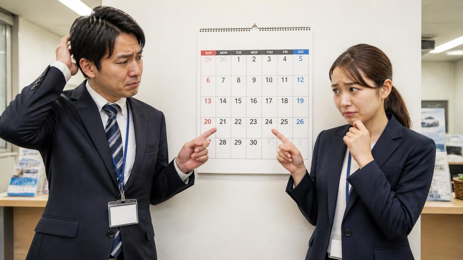 同じ形の不満。営業所の壁掛けカレンダーを指さす男女2人が納車日を前に困った顔を見合わせる