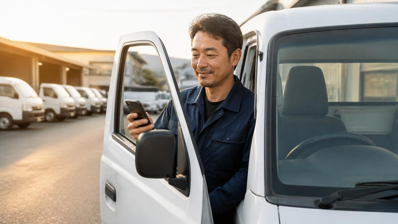 営業電話が鳴りやまない、が起きない仕組み|早朝の車庫で運転席のドアを開けながらスマホを見る男性1人が安堵の表情