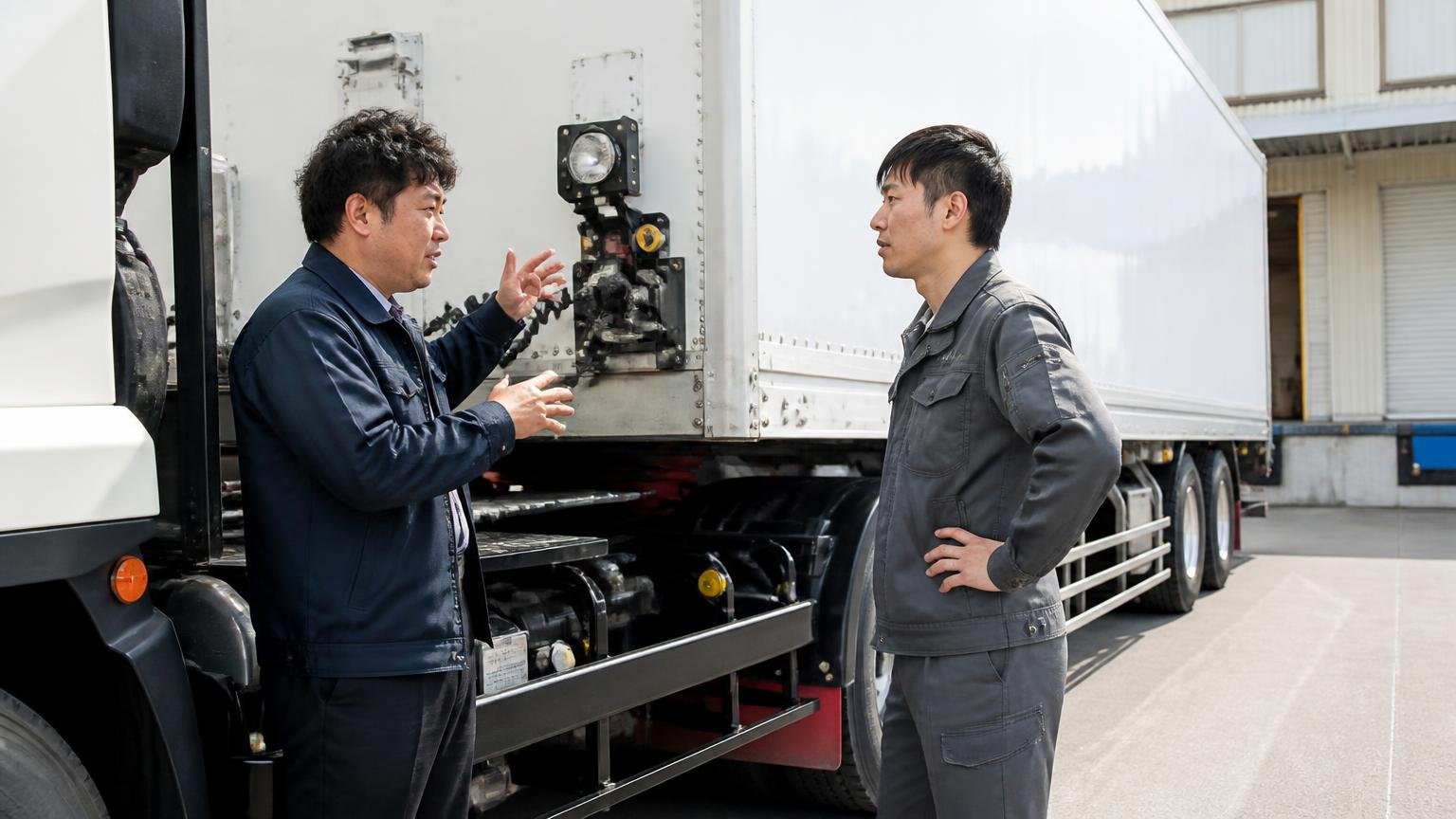 AMT(自動変速)の挙動に慣れが要る|倉庫の荷積み場でトレーラーを連結する大型トラックの周りで2人が身振りを交えて確認する
