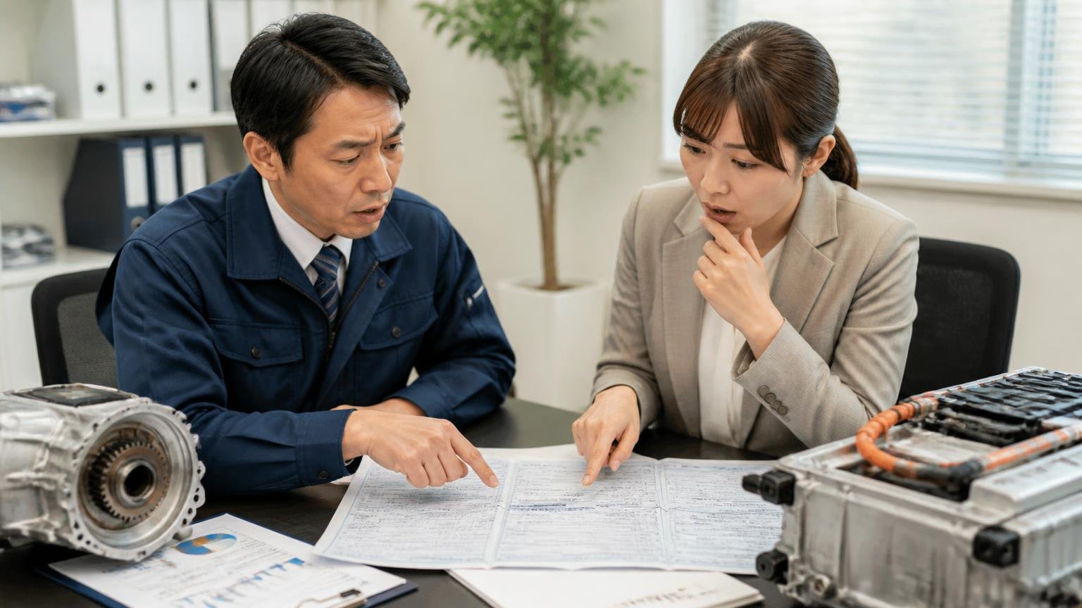 変速機やハイブリッドとリコールの判断材料 事務所で車検証を広げて確認する場面 男女2人 書類を指さす