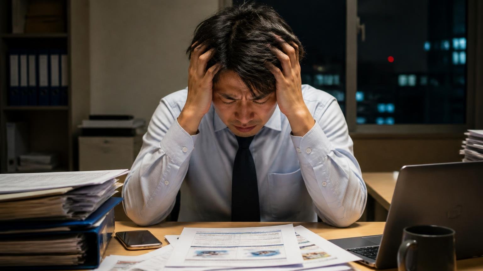 口コミを全部読んでも結局わからなかったこと。夜の事務所で査定書とスマホを前に頭を抱える男性1人