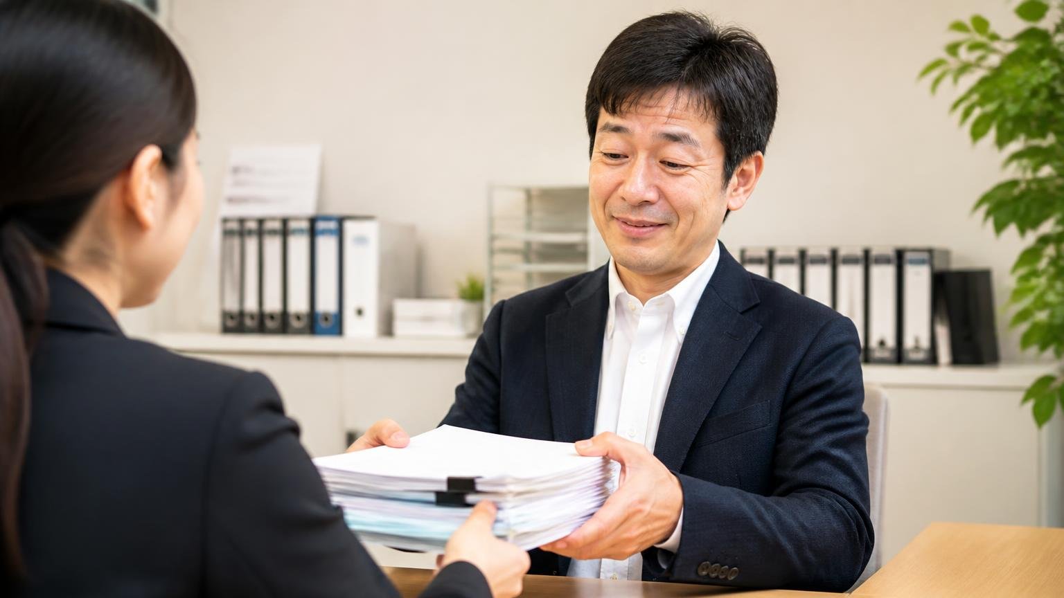 手続き代行と対応の速さ。事務所で書類の束を受け取る40代男性1人が、ほっとした表情で肩の力を抜く